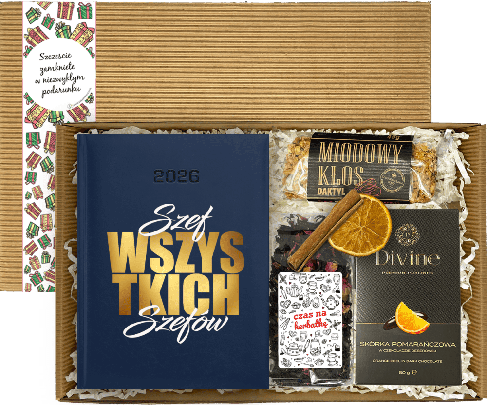 Zestaw prezentowy dla szefa z kalendarzem, herbatą, pomarańczą w czekoladzie i batonem miodowym