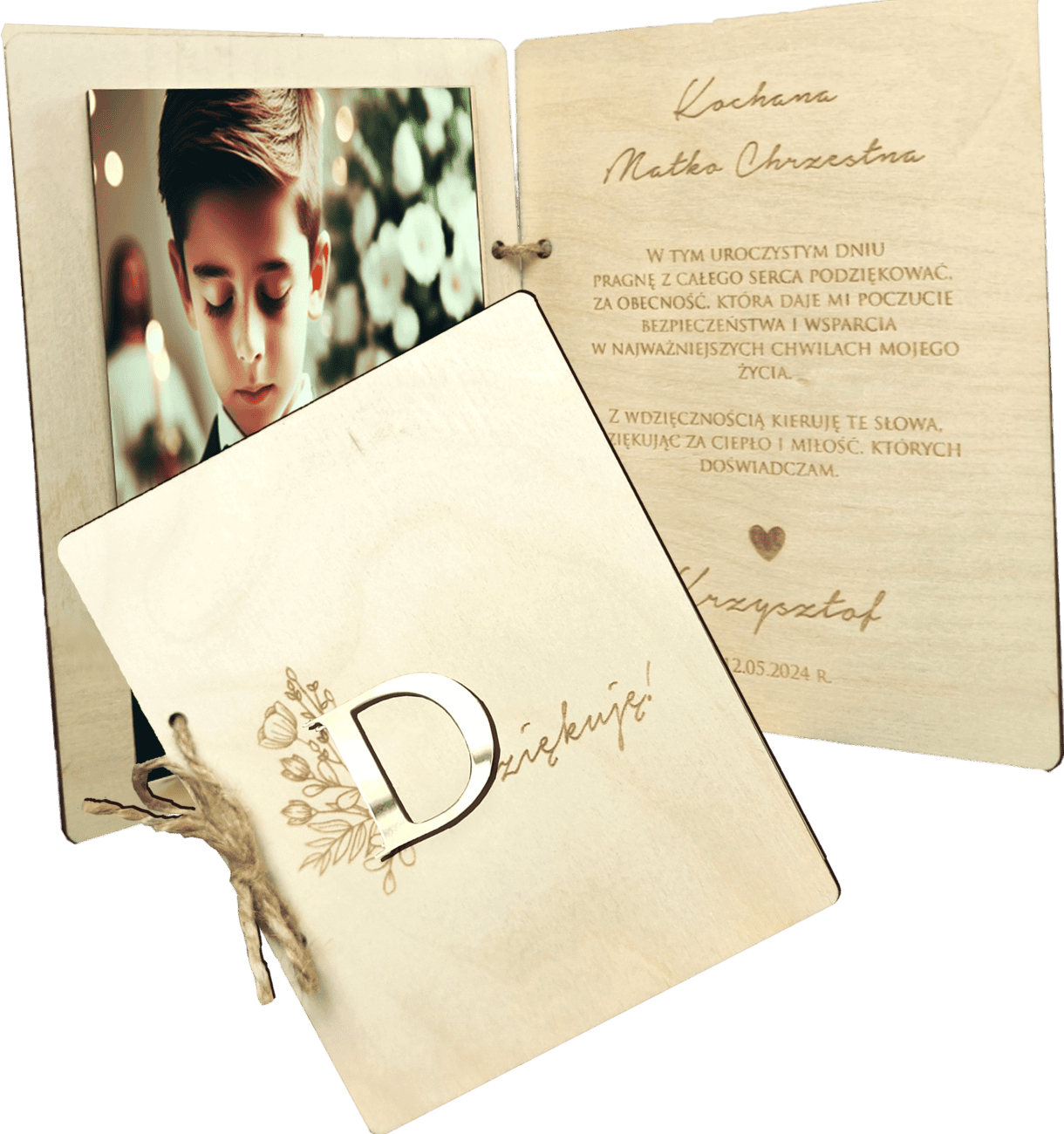 Drewniana kartka podziękowanie dla Chrzestnych, Dziadków z okazji Pierwszej Komunii Świętej - obrazek 1