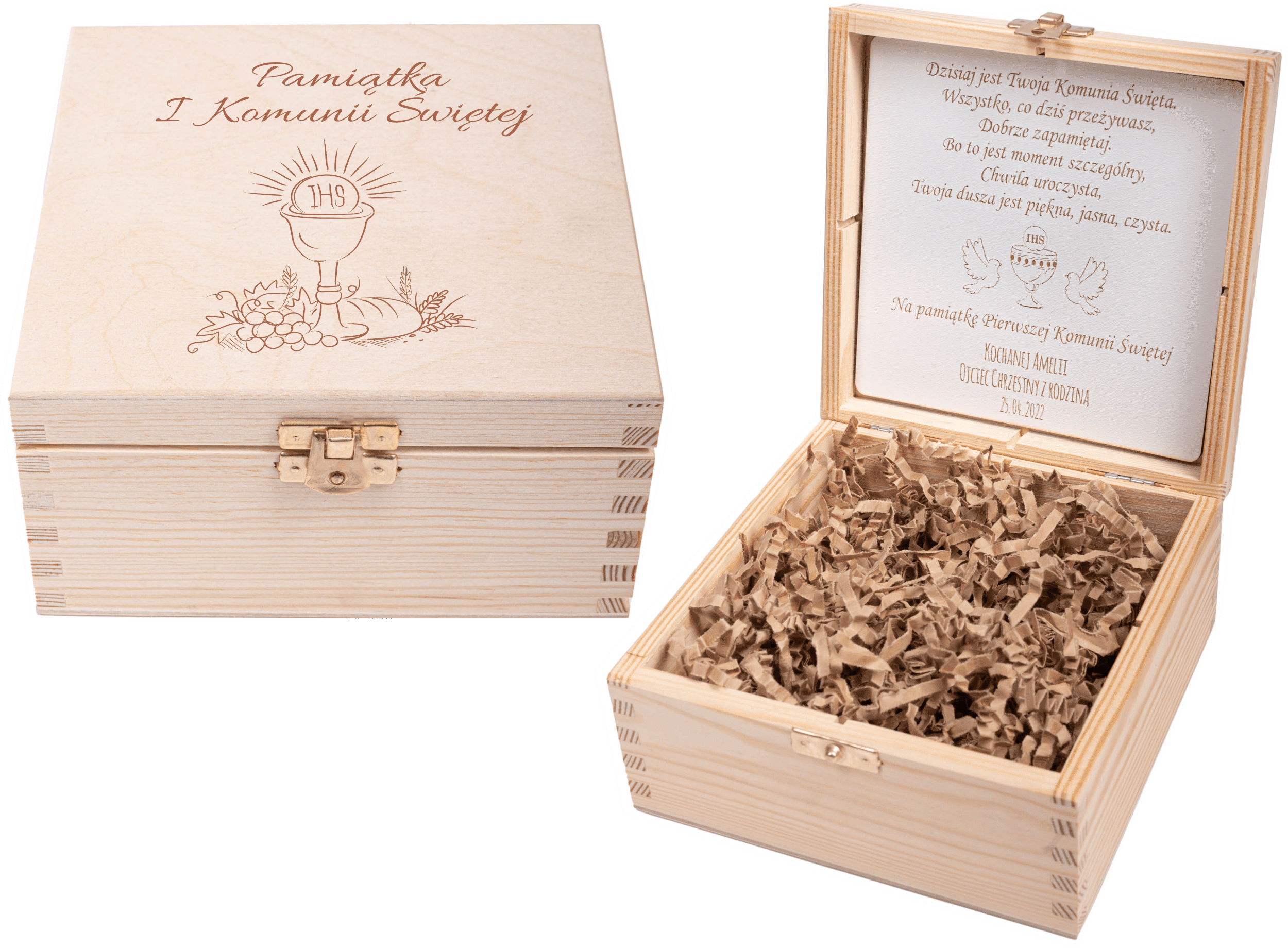 Drewniane pudełko na prezent. Pamiątka Komunii Świętej. Grawer - obrazek 1