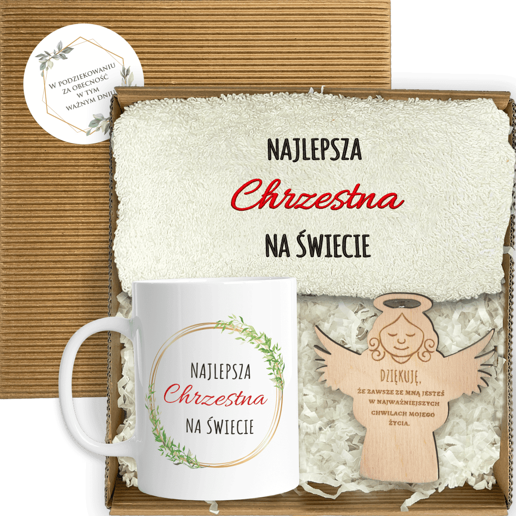 Zestaw prezentowy dla Chrzestnej. Najlepsza Chrzestna. Ręcznik kubek w pudełku - obrazek 1
