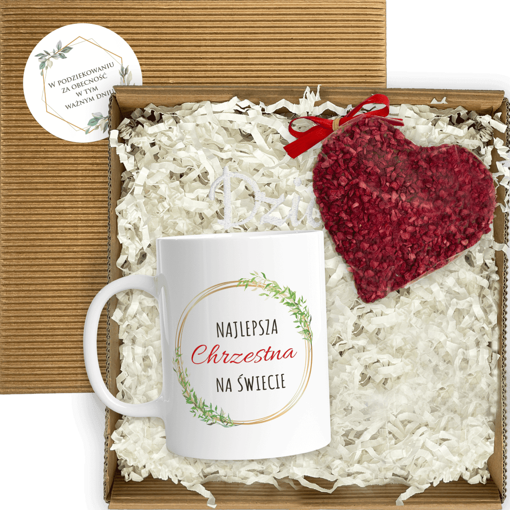 Zestaw prezentowy dla Chrzestnej Chrzestnego. Kubek czekolada serce w pudełku. - obrazek 1