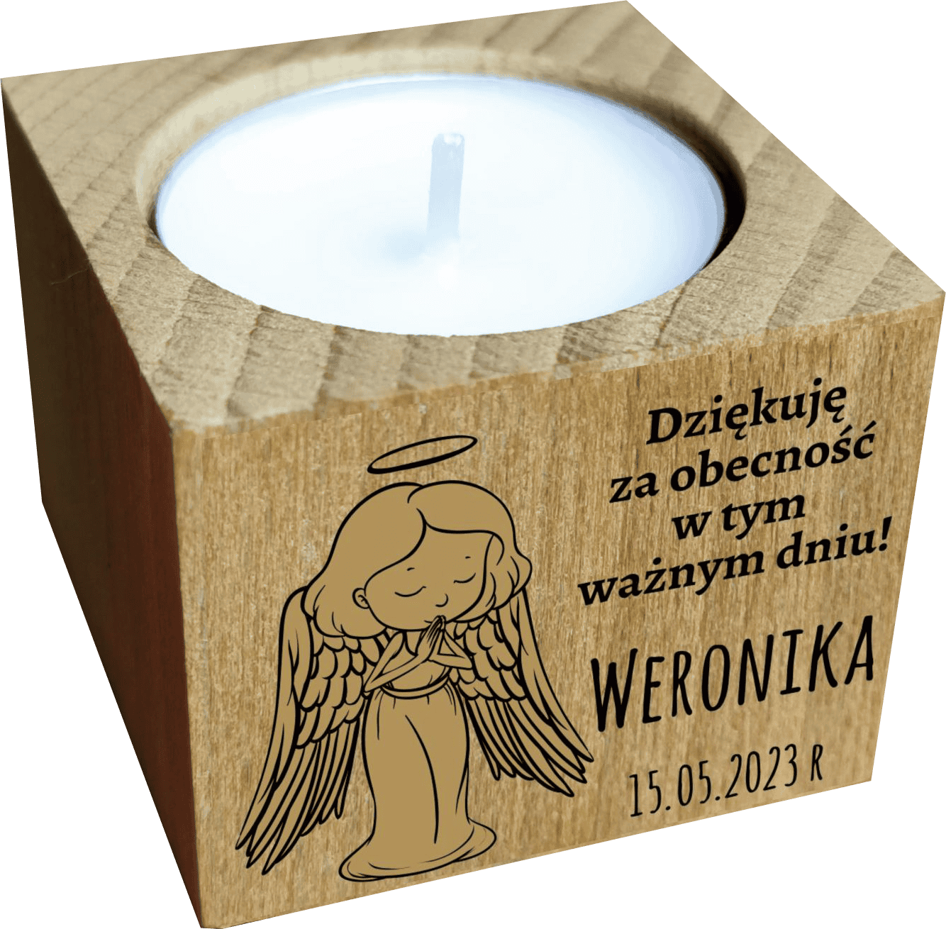 Drewniany Świecznik Personalizowany na Pierwszą Komunię, Podziękowanie dla gości - obrazek 1