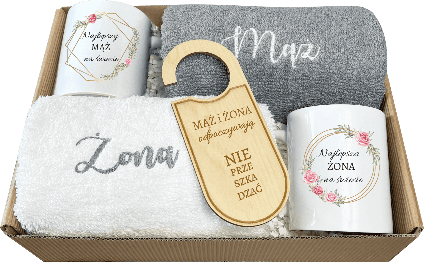Praktyczny Zestaw Prezentowy  Ślubny dla Męża i Żony z Kubkami i Ręcznikami - obrazek 1
