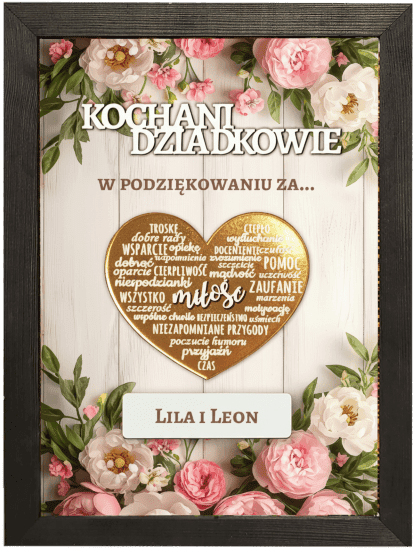 Ramka z napisem "Kochani Dziadkowie" i sercem 3D w złotym lustrze