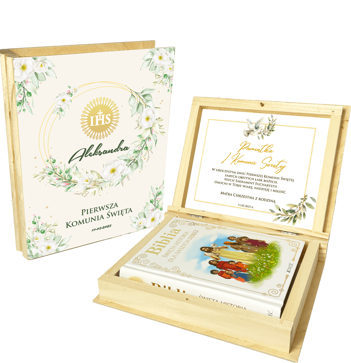 Drewniane pudełko z Biblią dla dziecka i dedykacją komunijną