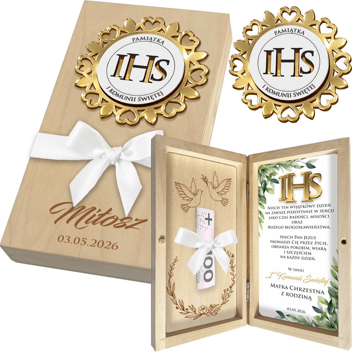 Otwarte pudełko komunijne z dedykacją Otwarte drewniane pudełko komunijne z miejscem na banknot i dedykacją