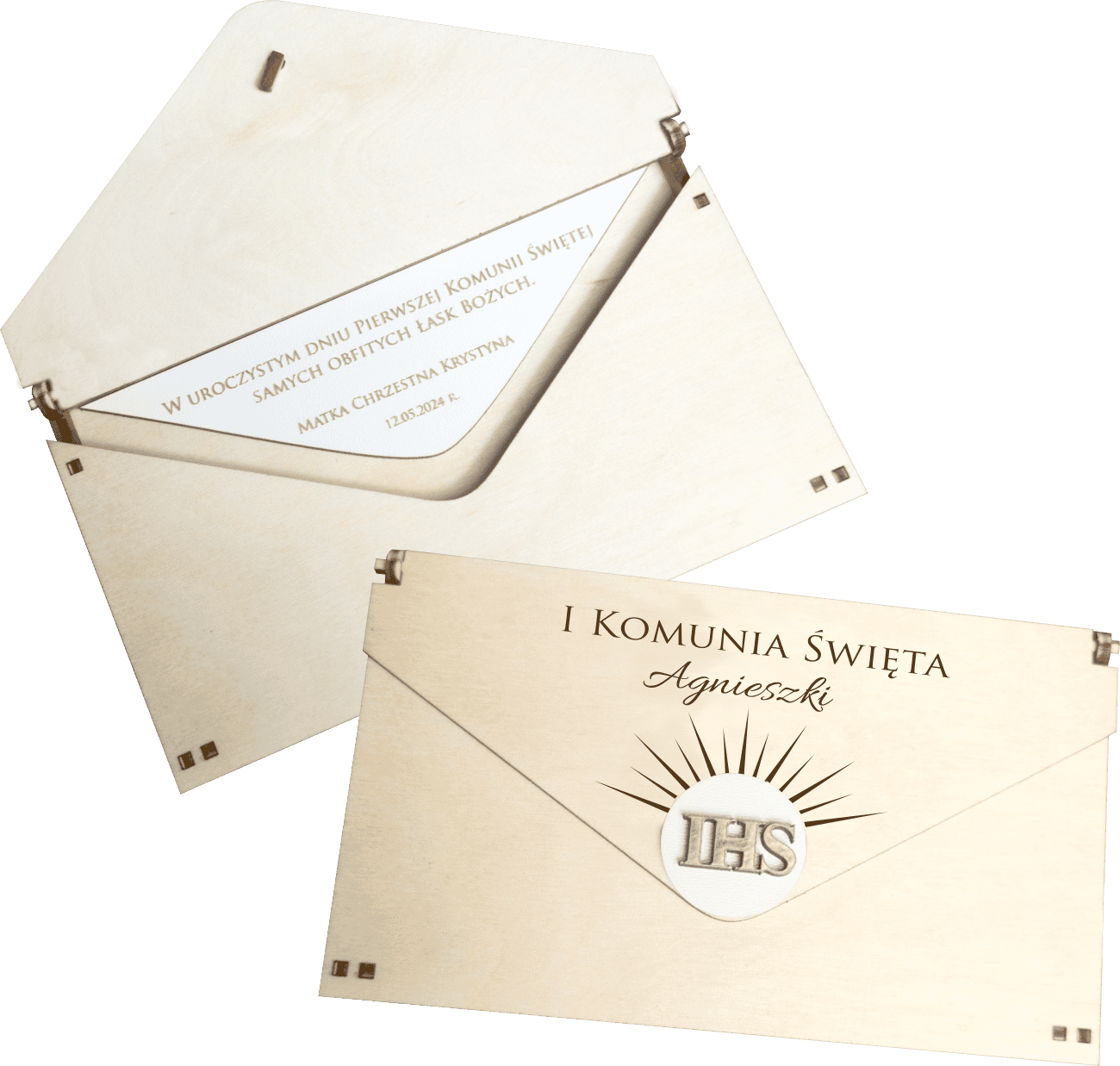 Elegancka Drewniana Koperta Komunijna z Hostią - Personalizowany Prezent na Pierwszą Komunię - obrazek 1
