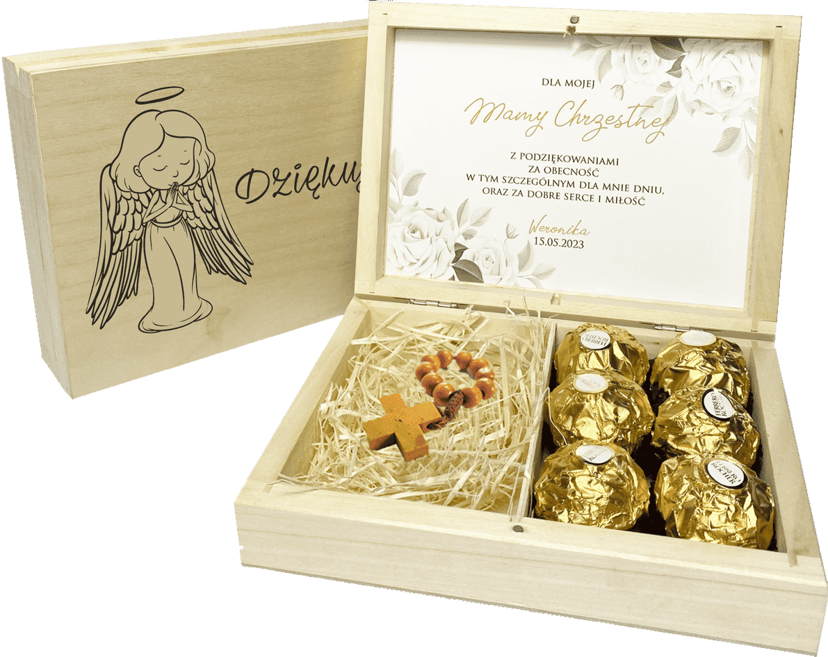 Drewniane pudełko Podziękowanie dla Chrzestnej Chrzestnego Dziadków I Komunia Chrzest - obrazek 1