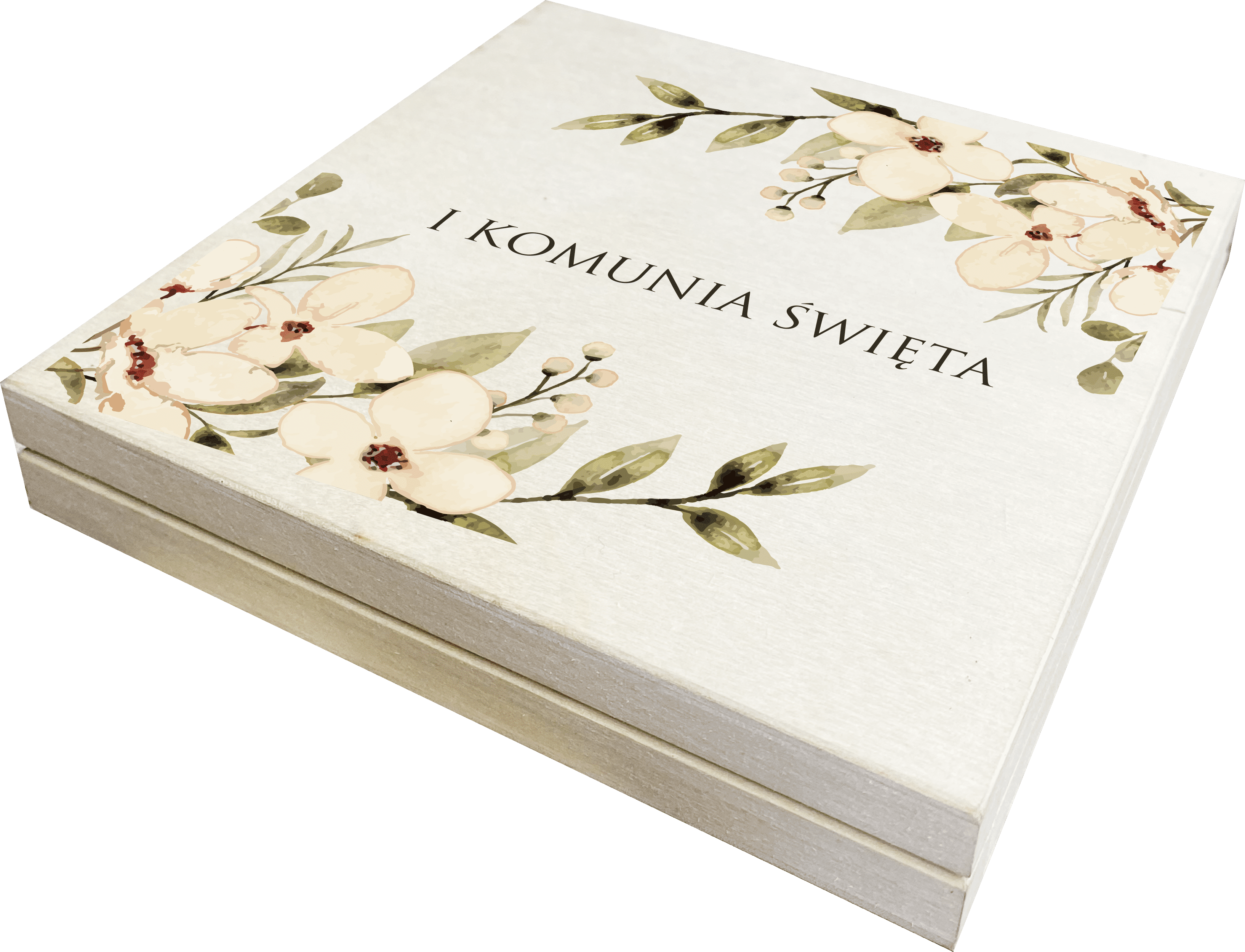 Drewniane pudełko na pieniądze z nadrukiem I Komunia Święta - obrazek 1