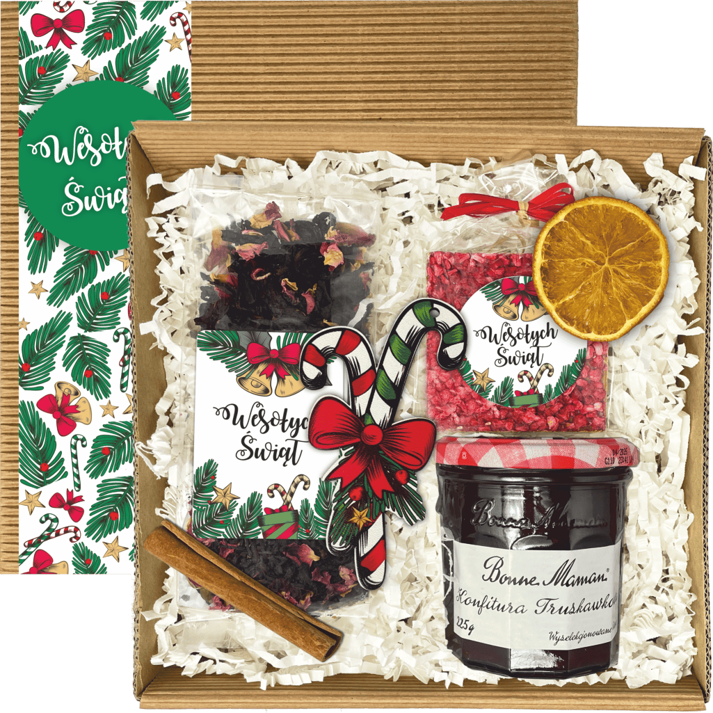 Elegancki świąteczny zestaw prezentowy z herbatą, słodkościami i ozdobą w stylowym pudełku