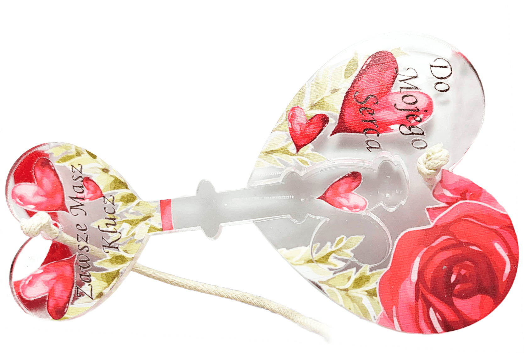 Prezent na walentynki dwuczęściowa zawieszka z nadrukiem dla Par. Klucz do serca - obrazek 1