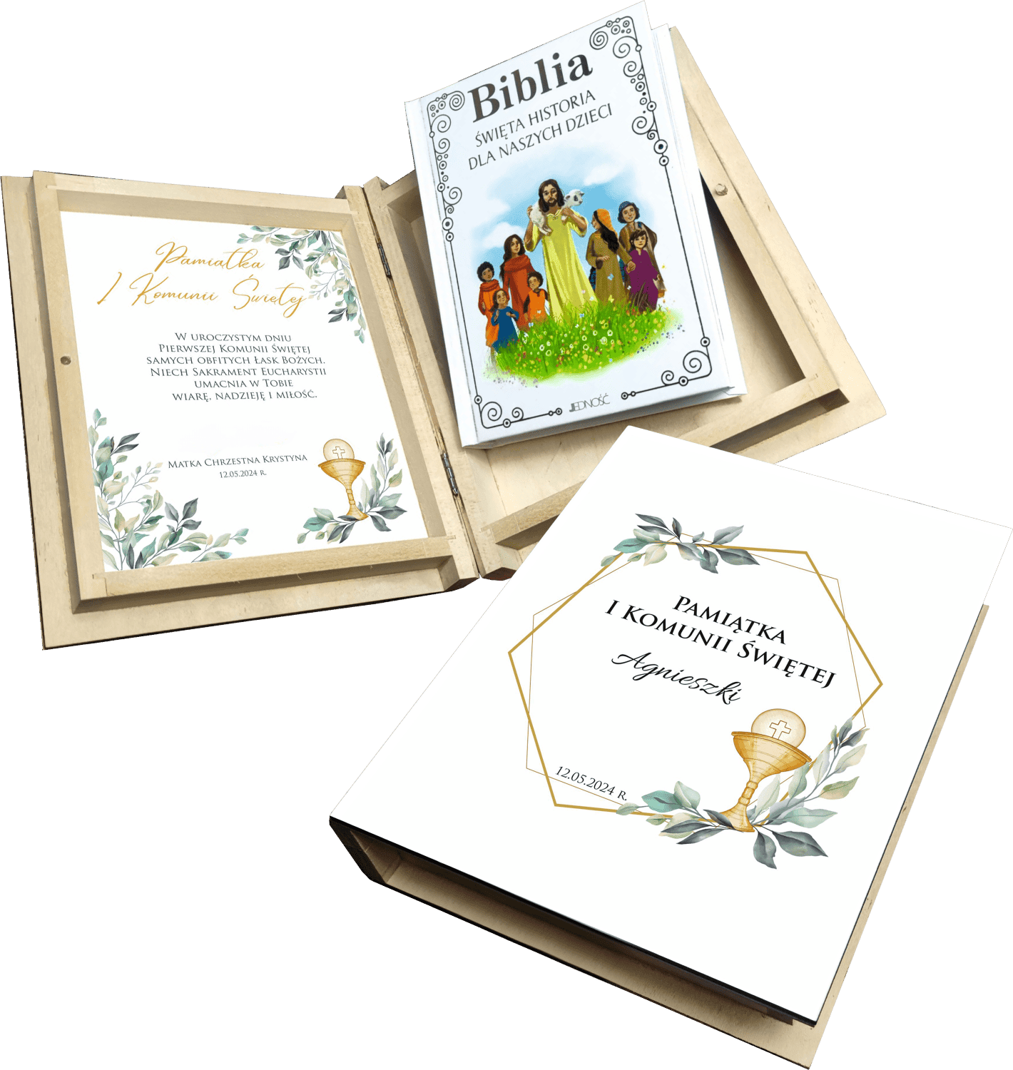 nowy motyw zdjęcie główne Biblia w drewnianym pudełku z nadrukiem. Pamiątka Pierwszej Komunii Świętej Prezent Komunijny - obrazek 1