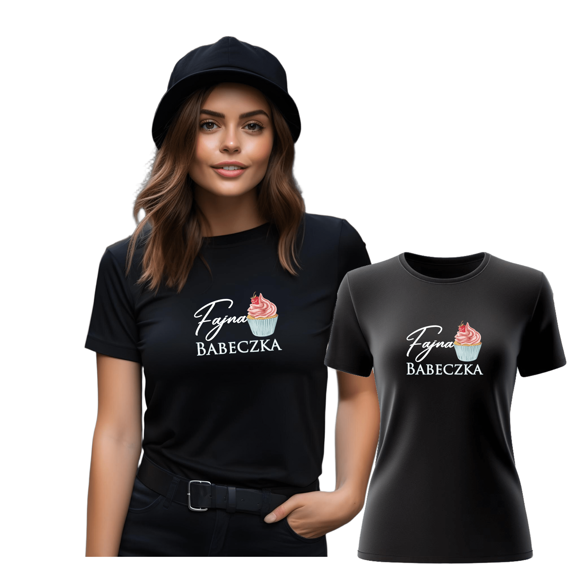 Czarna koszulka damska z nadrukiem „Fajna Babeczka” – humorystyczny prezent dla dziewczyny.