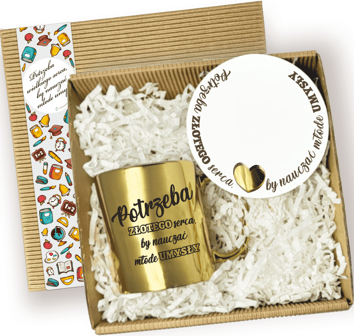Zestaw Prezent dla Nauczyciela. Złoty kubek z nadrukiem podstawka pod kubek w pudełku - obrazek 1