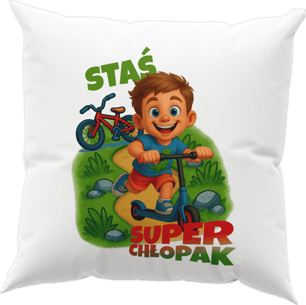 Poduszka z imieniem dla chłopaka ze szkoły "Superchłopak" na hulajnodze