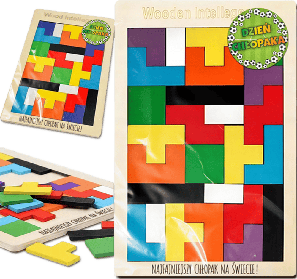 drewniane puzzle tetris na dzień chłopaka – 26 elementów w ramce