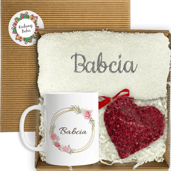 Prezentowy zestaw na Dzień Babci w pudełku z kubkiem, ręcznikiem i czekoladą