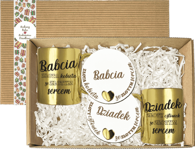 Zestaw dwóch złotych kubków 330 ml z podkładkami w pudełku prezentowym dla dziadków