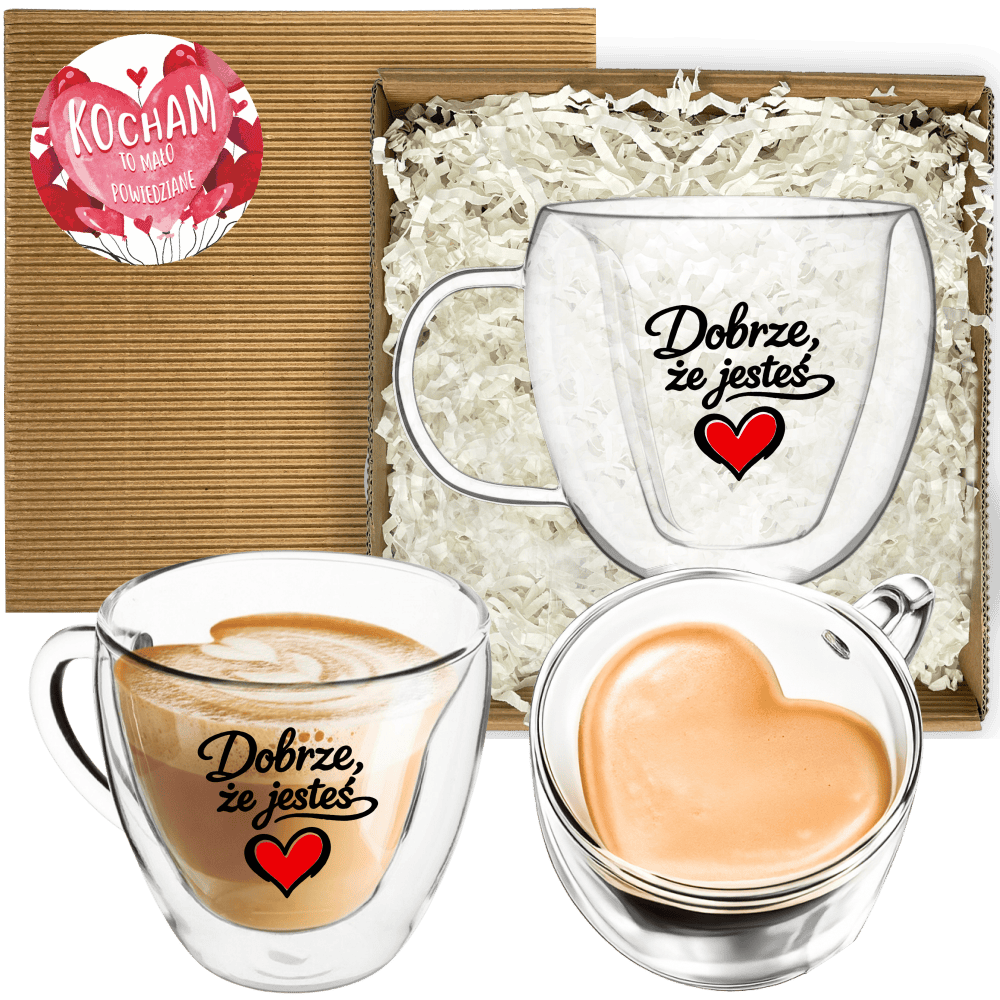 Szklanka na walentynki w pudełku z napisem Dobrze, że jesteś i sercem