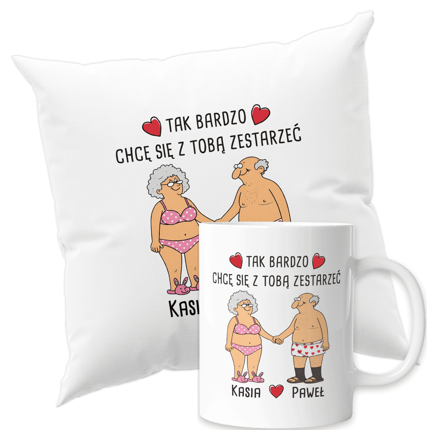 Grafika zestawu: poduszka i kubek z imionami Poduszka i kubek z nadrukiem pary oraz imionami na tle przezroczystym