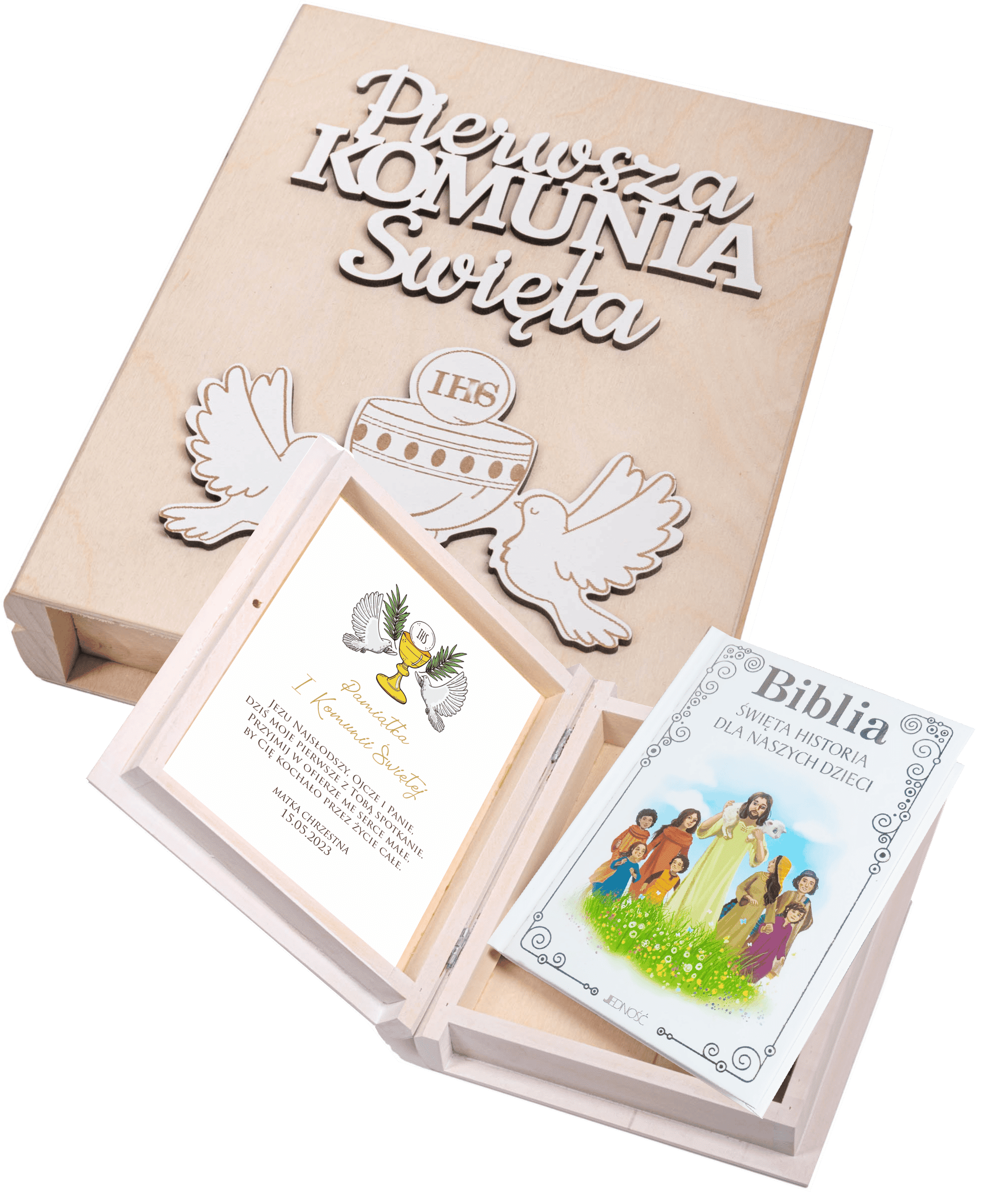 Biblia w drewnianym pudełku z napisem 3D. Pamiątka Pierwszej Komunii Świętej - obrazek 1
