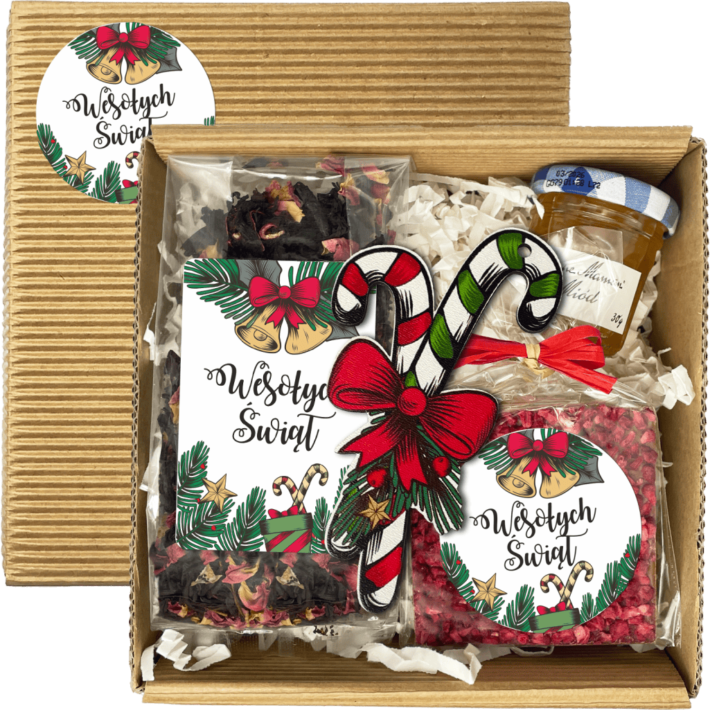 Mały świąteczny zestaw prezentowy z herbatą, słodkościami i ozdobą w eleganckim pudełku