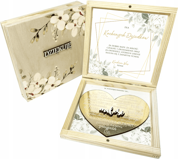 Podziękowanie dla Babci i Dziadka w formie drewnianego pudełka ze złotym lustrzanym sercem. - obrazek 1