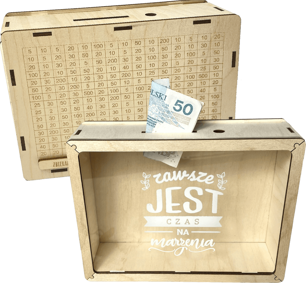 Skarbonka drewniana wykreślana z grawerem – wyjątkowy prezent na urodziny - obrazek 1