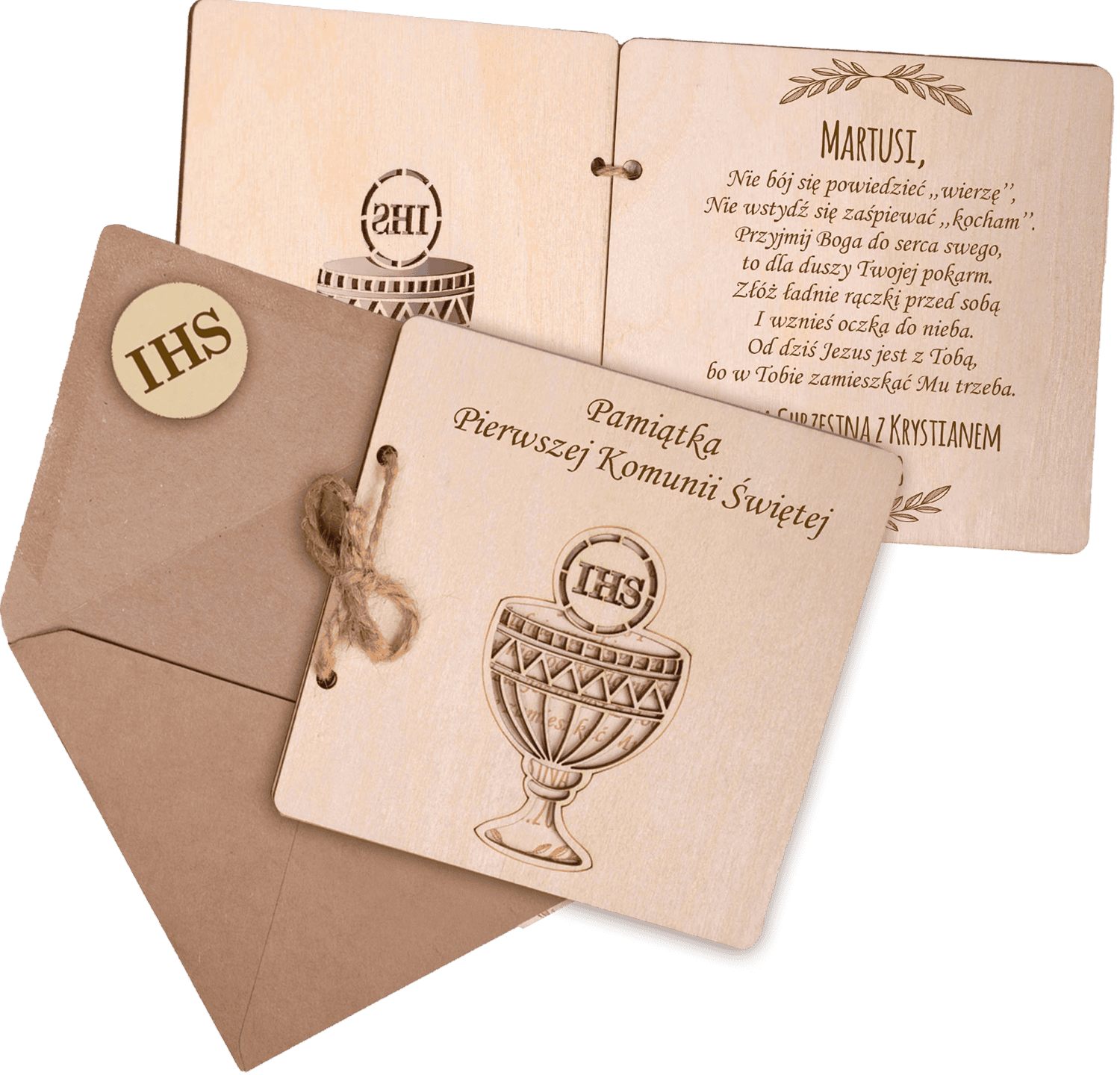 kartka na kwadrat główne Drewniana kartka komunijna podwójna. Zestaw z kopertą. Pierwsza Komunia Święta. Grawer - obrazek 1