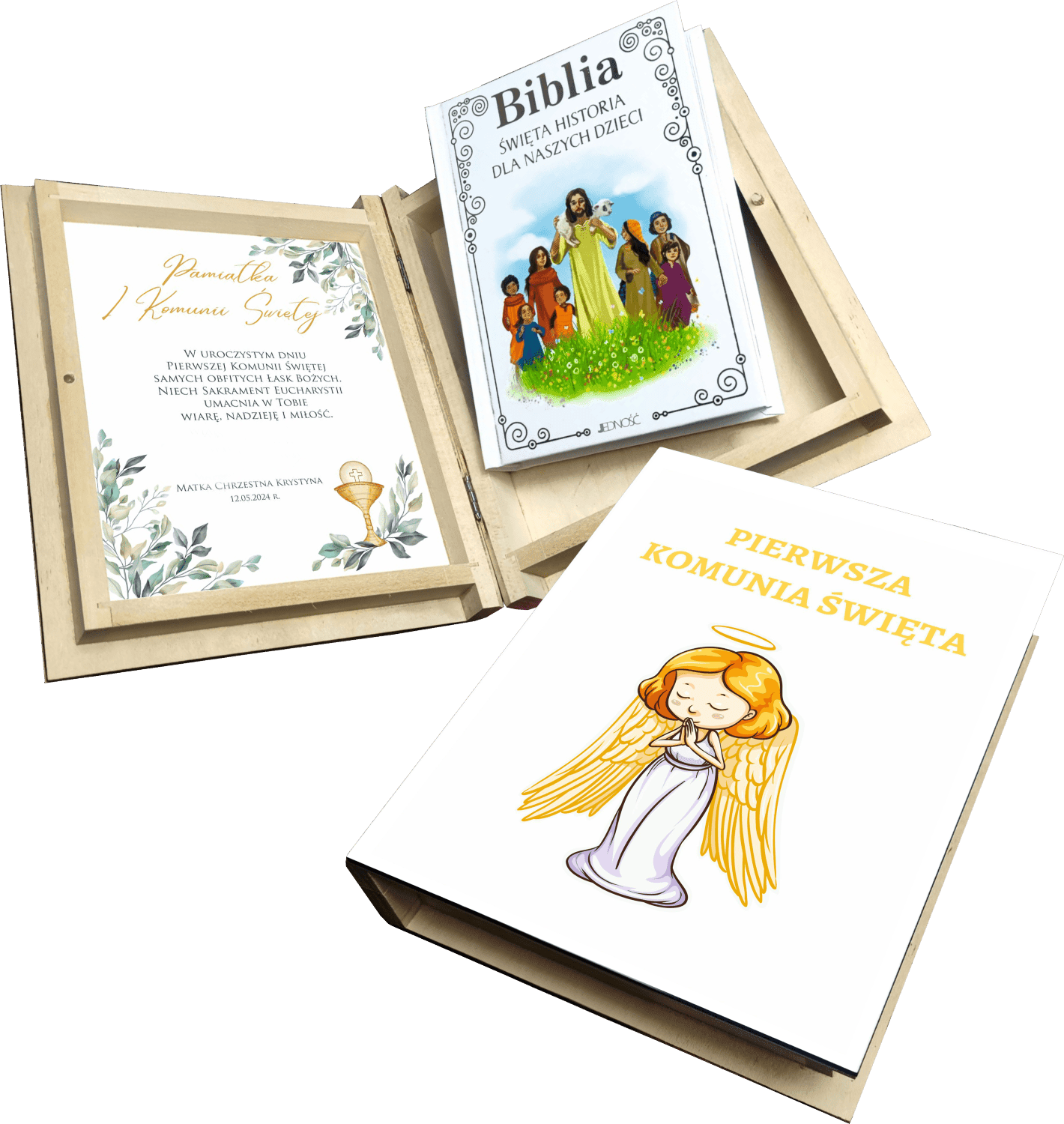 Biblia w drewnianym pudełku z nadrukiem. Pamiątka Pierwszej Komunii Świętej - obrazek 1