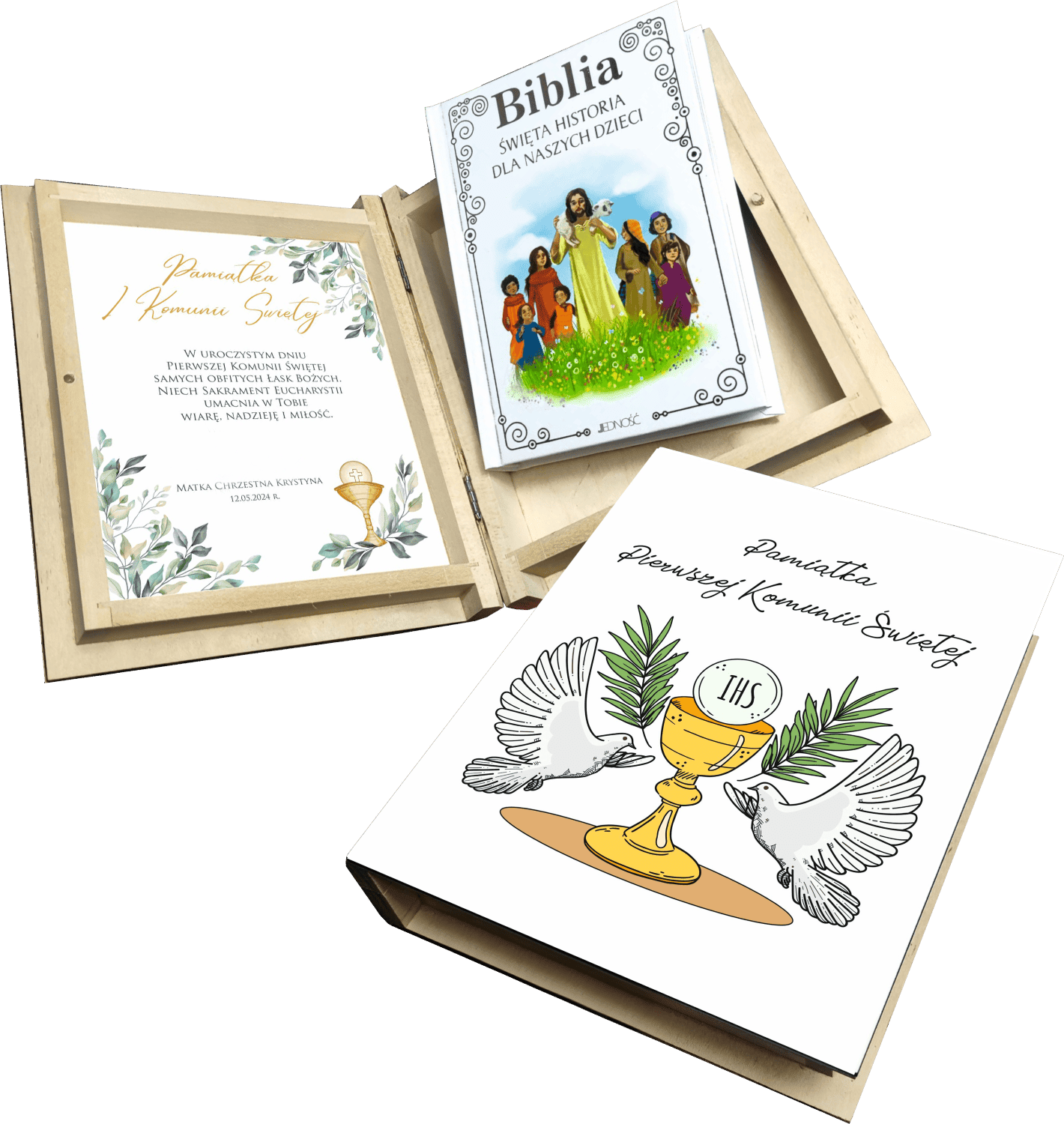 Biblia w drewnianym pudełku z nadrukiem. Pamiątka Pierwszej Komunii Świętej - obrazek 1
