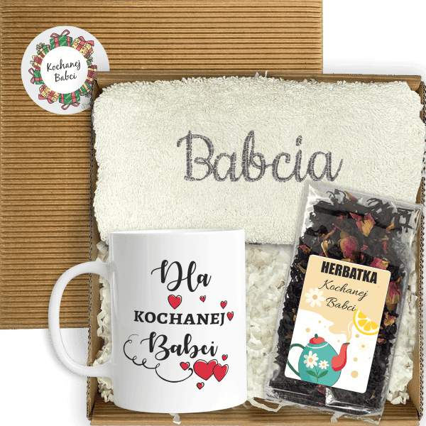 Z20 ręcznik kubek herbata BABCIA 15B główne Elegancki Zestaw Prezentowy dla Babci z Kubkiem i Ręcznikiem - obrazek 1