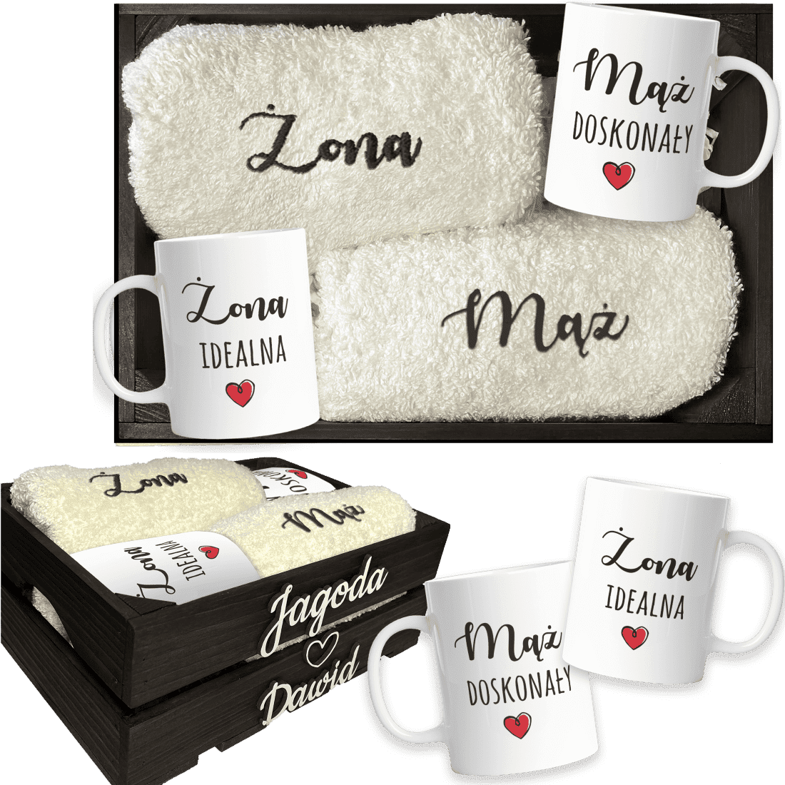 brązowa 3W główne Drewniana skrzynka z haftowanymi ręcznikami i personalizowanymi kubkami na ślub - wyjątkowy podarunek dla nowożeńców. - obrazek 1