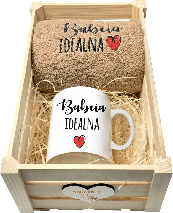 skrzynka babcia idealna Prezent dla babci ręcznik kubek zestaw haft - obrazek 1