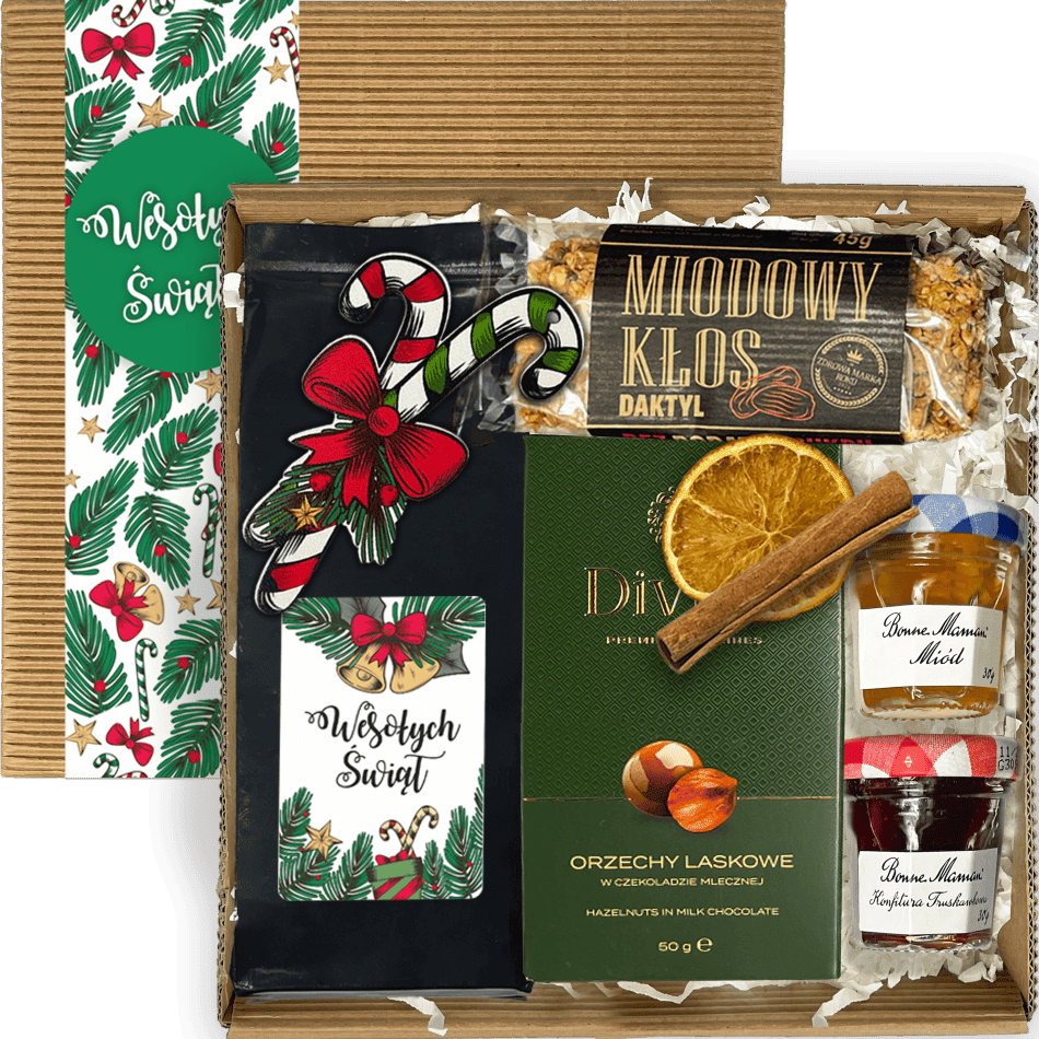 zestaw świąteczny z kawą i miodem w eleganckim boxie