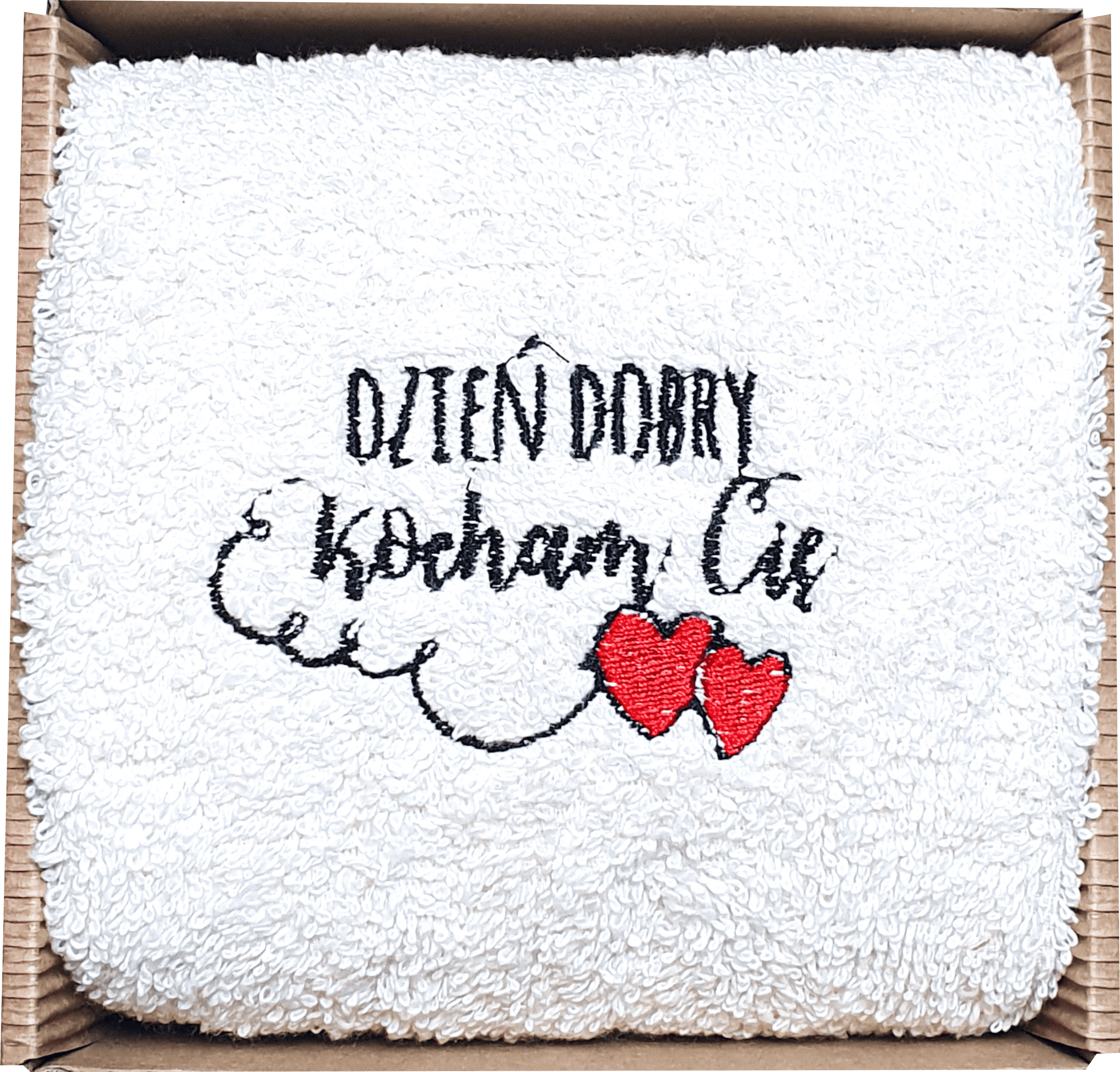 Ręcznik z haftem Dzień Dobry, Kocham Cię w tekturowym pudełku. - obrazek 1