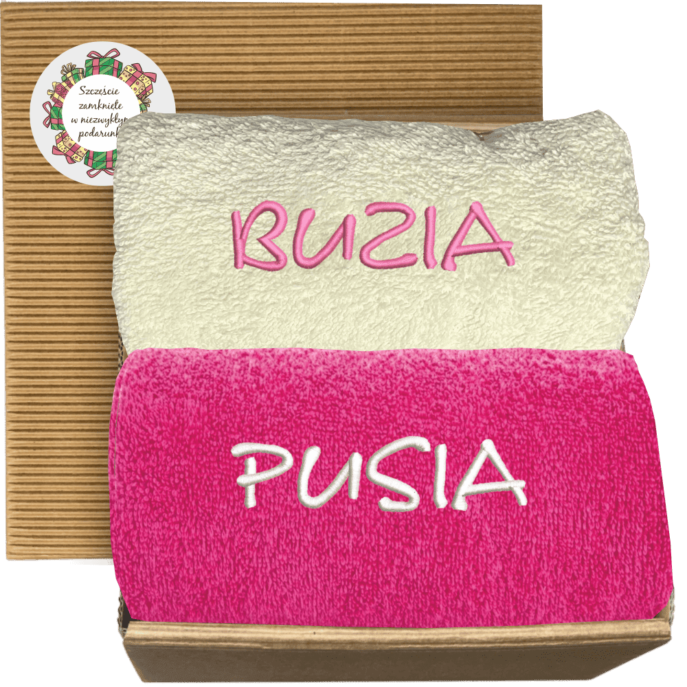 Zestaw ręczników z zabawnym haftem w pudełku Zestaw ręczników z zabawnym haftem „Buzia i Pusia” w eleganckim pudełku – idealny prezent na Walentynki