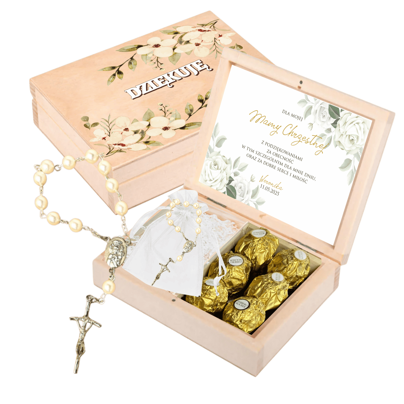 Podziękowanie dla chrzestnych na Komunię z różańcem eleganckie podziękowanie z różańcem – prezent dla chrzestnych na Komunię