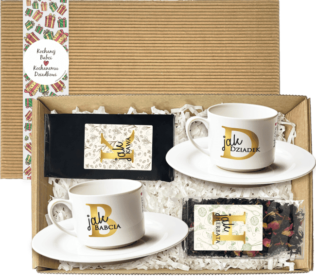 Box z filiżankami i dodatkami do kawy i herbaty Otwarty box z dwiema filiżankami 150 ml, kawą mieloną i herbatą liściastą