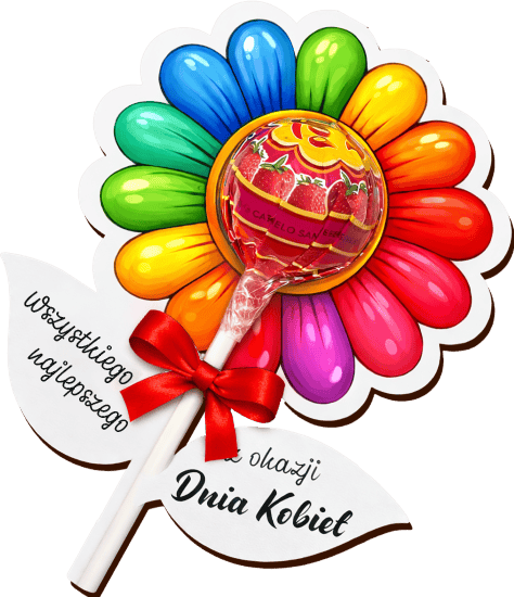 Kwiatek na lizak z napisem Z okazji Dnia Kobiet Kwiatek na lizak z kolorowym kwiatem, lizakiem i napisem „Z okazji Dnia Kobiet”