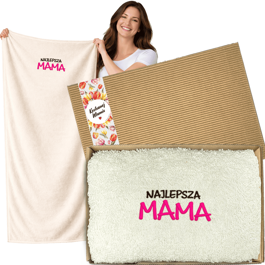 Ręcznik Najlepsza mama w pudełku z kolorową szarfą.png Kobieta trzyma ręcznik z haftem Najlepsza mama obok otwartego pudełka z ręcznikiem