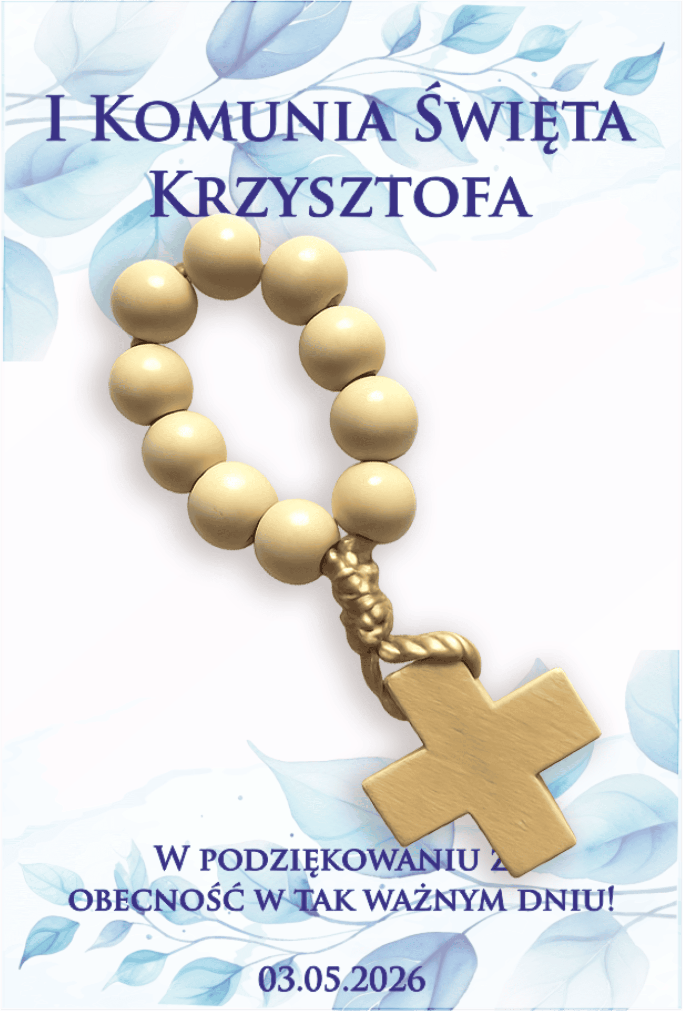 Bilecik komunijny z drewnianą dziesiątką różańca i personalizacją imienia oraz daty