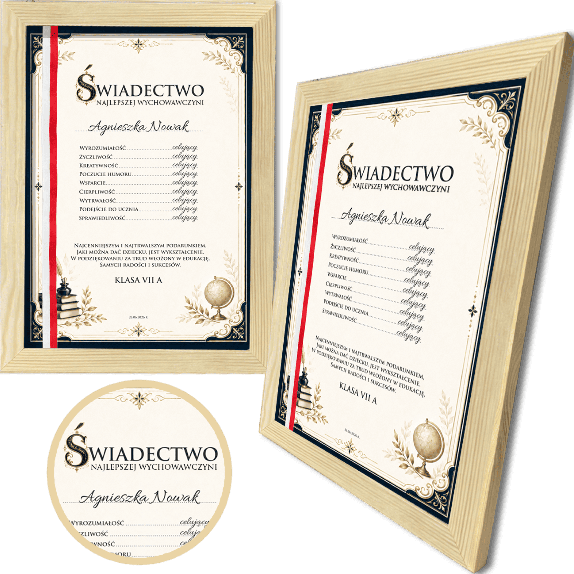 Świadectwo dla nauczyciela w ramce A4 Świadectwo dla nauczyciela w drewnianej ramie A4 z personalizowaną dedykacją