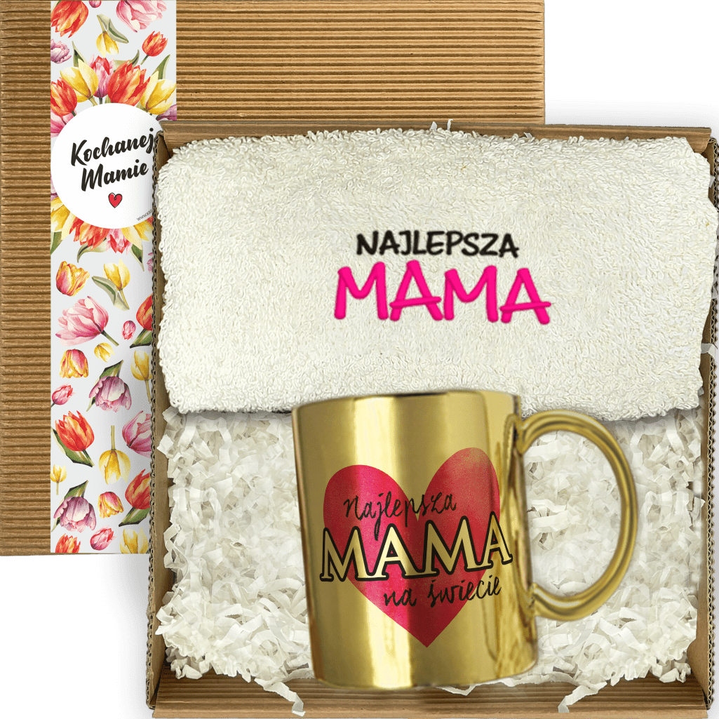 Otwarty box dla mamy z kubkiem i ręcznikiem Otwarty zestaw dla mamy z ręcznikiem ecru, złotym kubkiem i etykietą na pudełku